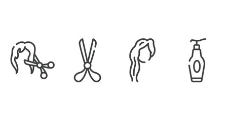 beauty outline icons set. thin line icons sheet included female hair cut with scissors, scissors opened tool, woman with long hair, face cleanser vector.