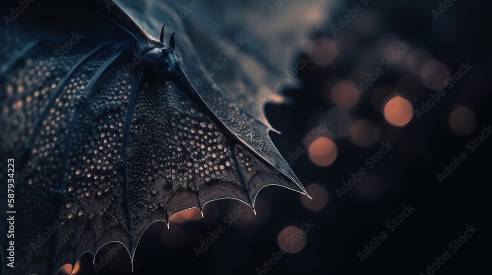 Poster a close up of a bat on a black background with lights in the background and a blurry image of a bat 