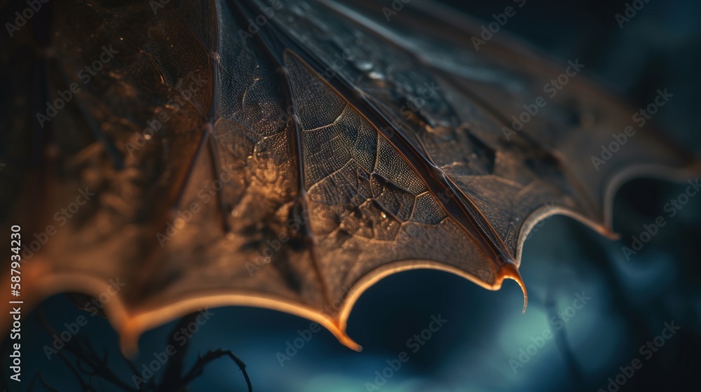 Poster a close up of a bat on a dark background with a blurry image of the bat wing and the back end of the