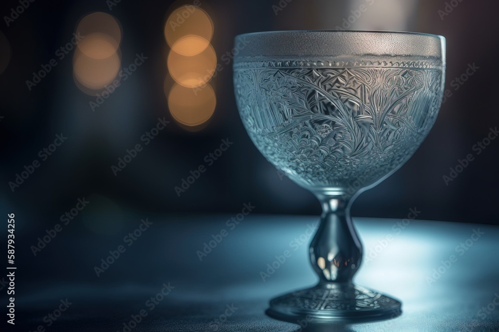 Poster  a glass cup sitting on top of a table next to a blurry background of lights in the background of the image is a blurry image.  generative ai