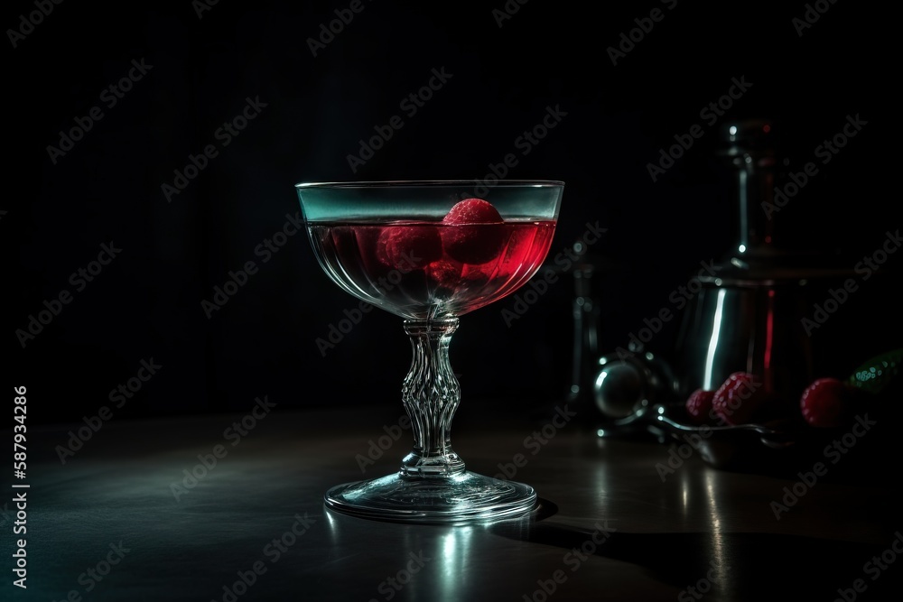 Poster a glass filled with a liquid and some raspberries on a table next to a bottle of wine and a glass wi