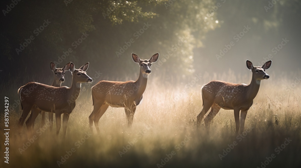 Poster a group of deer standing in a field of tall grass with trees in the backgrouf of the picture in the 