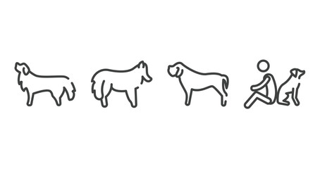 dog and training outline icons set. thin line icons sheet included bernese mountain dog, shetland sheepdog, mastiff, dog and man seating vector.