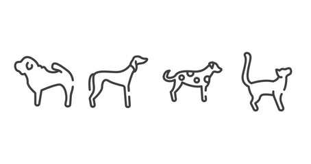 cat breed bodies outline icons set. thin line icons sheet included shar pei, saluki, dalmatian, bengal cat vector.