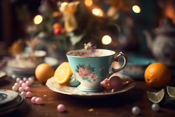 Obraz na płótnie Canvas a tea cup with a saucer on a table with lemons and candies around it and a christmas tree in the back ground. generative ai