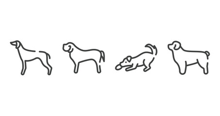 dog breeds fullbody outline icons set. thin line icons sheet included greyhound, english mastiff, dogs playing, newfoundland vector.