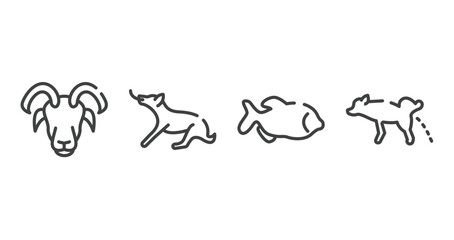 dog and training outline icons set. thin line icons sheet included male sheep head, dog playing, big piranha, dog urinating vector.