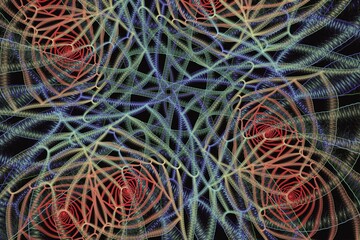 Multicolored pattern of crooked ribbons on a black background. Abstract fractal 3D rendering
