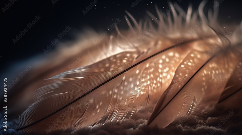 Poster a close up of a feather on a dark background with a blurry image of the feathers and the sky in the 