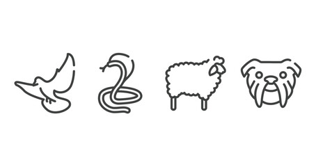 woof woof outline icons set. thin line icons sheet included flying dove, poisonous cobra, sheep with wool, bulldog head vector.