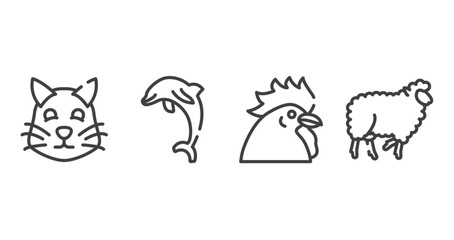 sheeps outline icons set. thin line icons sheet included pet cat, jumping dolphin, chiken head, sheep with curly wool vector.