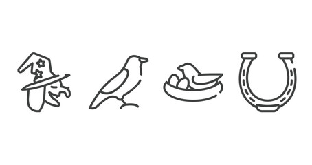 horses outline icons set. thin line icons sheet included witch, bird of black feathers, bird and egg, horseshoe vector.