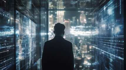 Fototapeta premium A businessman living in a futuristic city. it watches the data on dozens of screens surrounding it Generated AI