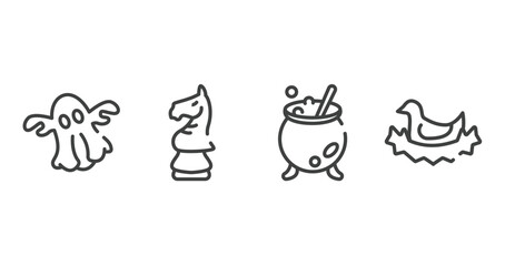birds pack outline icons set. thin line icons sheet included ghost, horse head chess piece, cauldron, bird in nest vector.