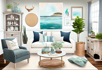 Interior design of a coastal-themed living room that incorporates beachy colors, natural textures, and ocean-inspired decor | Generative AI
