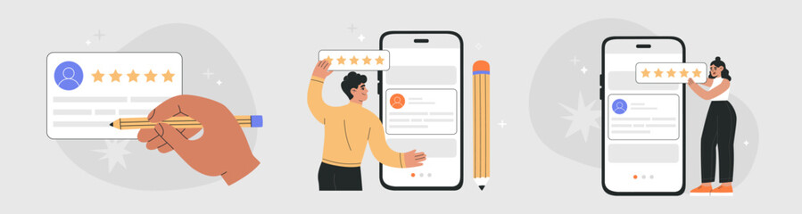 Set of customer review concept. Young people giving feedback review online or mobile apps, consumer satisfaction rating. Hand drawn vector illustration isolated on light background, flat cartoon style