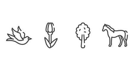 horses outline icons set. thin line icons sheet included black bird, tulips, plain tree, horse standing vector.