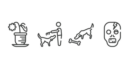 halloween outline icons set. thin line icons sheet included flower pot, man combing a dog, dog smelling a bone, zombie vector.