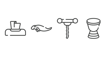africa outline icons set. thin line icons sheet included napkin, sea cow, corkscrew, african drums vector.