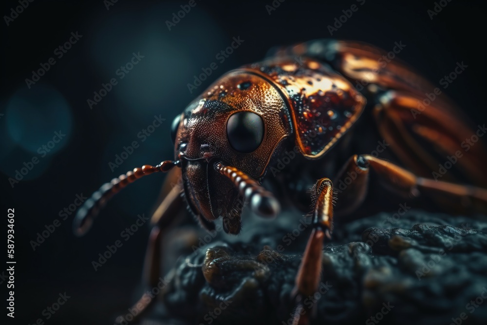 Poster a close up of a bug on a rock with a blurry back ground in the background and a boke of lights in th