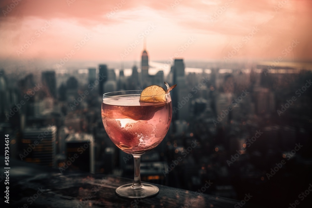 Aufkleber a glass of wine with a lemon wedge in it on a table in front of a view of a large city with skyscrap
