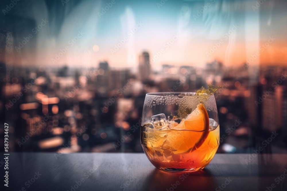 Poster a glass filled with a drink sitting on top of a table next to a cityscape in the background of a win