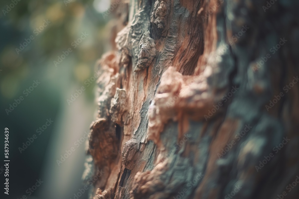 Poster a close up of a tree trunk with a blurry background of trees in the background and a blurry backgrou