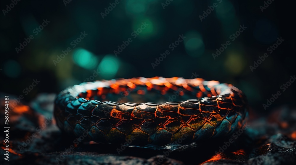 Poster a close up of a snake skin bracelet on a rocky surface with a blurry background of trees and rocks i