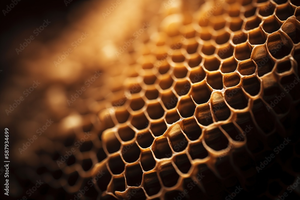 Poster a close up of a honeycomb pattern on a surface of honeycombs, with a dark background and a yellow li
