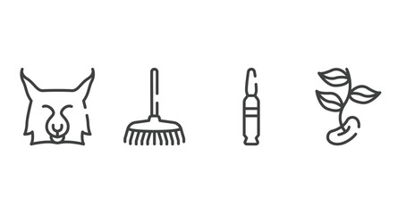spring outline icons set. thin line icons sheet included lynx, rake, bullets, beans vector.