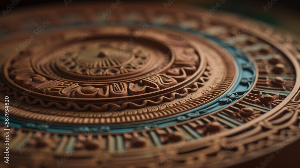 Poster a close up of a decorative plate with a circular design on the top of it and a circular design on th