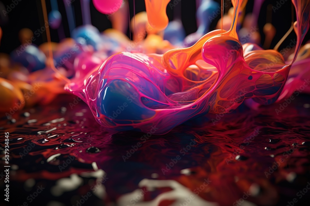 Aufkleber a group of colorful objects floating on top of a black surface with drops of paint on it and a black