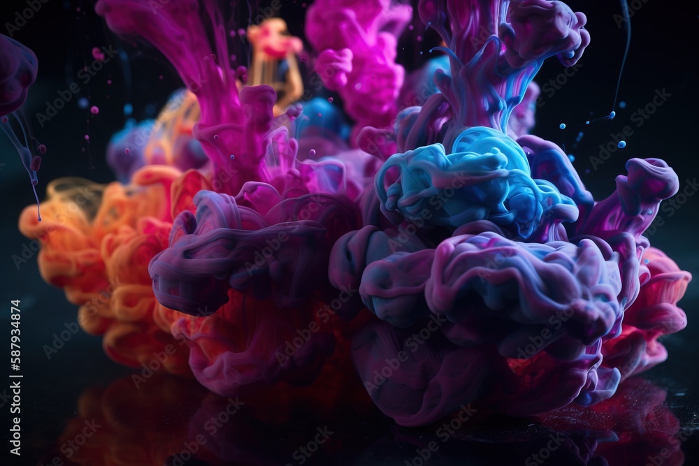 Poster a group of colored smokes floating in the air on a black background with a reflection of a person in