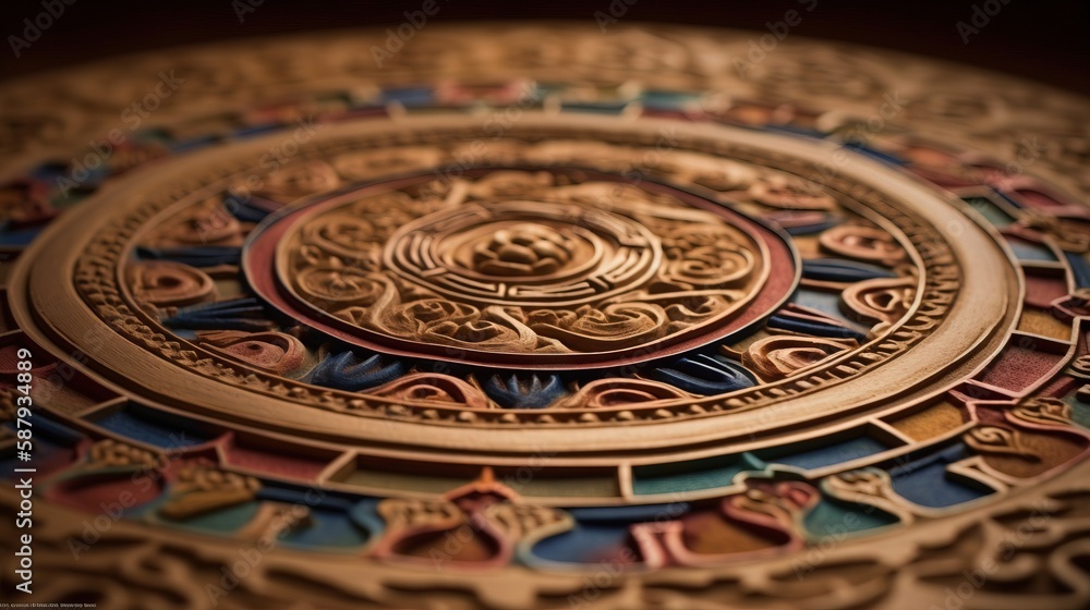 Poster a close up of a plate with a decorative design on it's side and a circular design on the top of it's