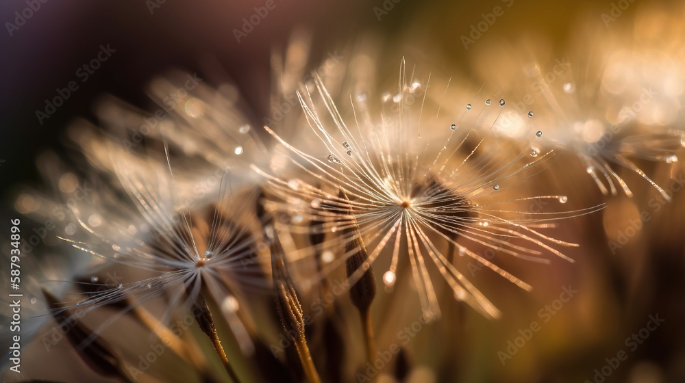 Poster  a close up of a dandelion with drops of water on it's petals and a blurry background of the dandelion.  generative ai