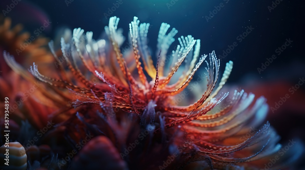 Poster a close up of a coral with a blue background and a bright light in the background with a star in the