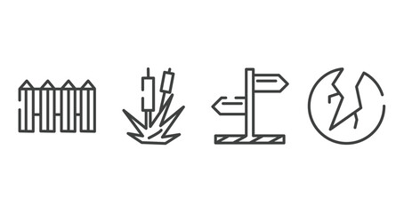 desert outline icons set. thin line icons sheet included fence, bulrush, direction, crack vector.