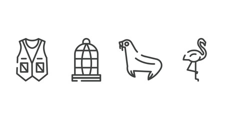 wildlife outline icons set. thin line icons sheet included vest, cage, sea lion, flamingo vector.