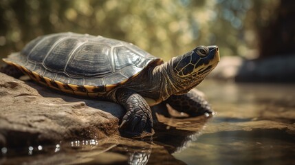 Fototapeta na wymiar a turtle sitting on top of a rock next to a body of water with trees in the backgroup of the picture in the background. generative ai