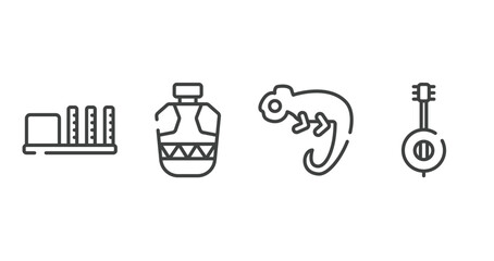 africa outline icons set. thin line icons sheet included apartheid museum, canteen, chameleon, banjo vector.