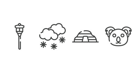 animals outline icons set. thin line icons sheet included street light, snowy, cradle of humankind, koala vector.