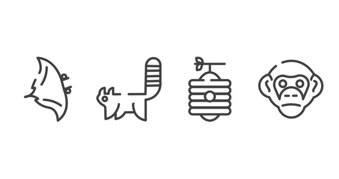 wildlife outline icons set. thin line icons sheet included manta ray, red panda, beehive, chimpanzee vector.