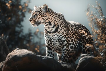 A powerful and majestic leopard on a rocky outcrop. Generative AI