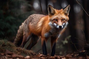 Obraz premium A curious and playful Red Fox exploring its surroundings - This Red Fox is exploring its surroundings, showing off its curious and playful nature. Generative AI