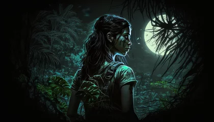 Foto op Canvas Porträt einer Zombie-Frau im Dschungel bei Mondschein © Tai Kahar