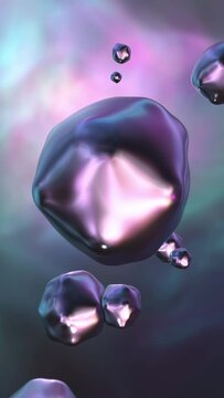 3D abstract liquid animation loop. Metallic shiny reflective rotating surreal fluid blobs in atmospheric fantasy gas environment. Pink, purple, blue, green, turquoise. Vertical format.