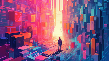 A fictional character living in a futuristic city. The adventurous boy's body is made up of colorful blocks. Generated AI