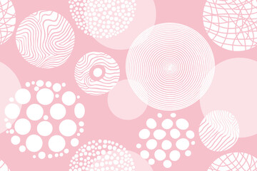 Abstract geometric seamless pattern with white circles on pink background.