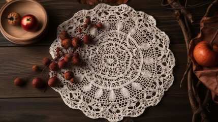 A handmade white lace doily lies on the gray surface of the table. Round wooden board with pieces of walnuts. top view Generated AI