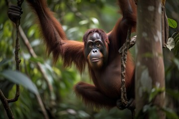 Naklejka premium A curious and social Orangutan swinging through the trees - This Orangutan is swinging through the trees, showing off its curious and social nature. Generative AI